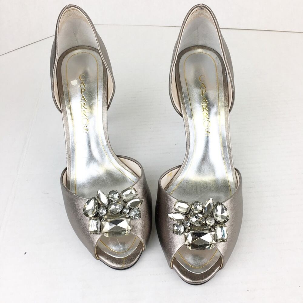 NWT Caparros Silver Jeweled Peep Toe Heels Shoes SZ 7.5